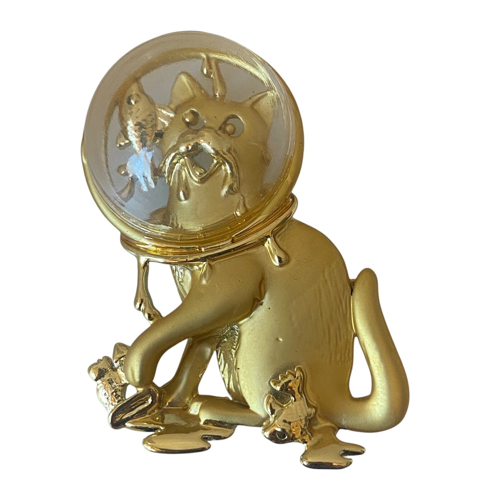 Vintage Gold Danecraft Kitty Cat Fish Dome Bowl Brooch Pin